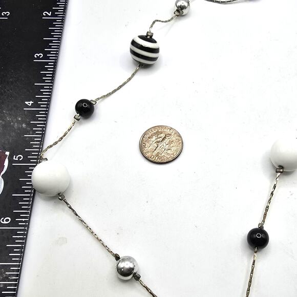 Necklace Vintage Long Beaded Striped Ball Silver Tone Retro Jewelry 26" SKU2135 - Picture 4 of 5